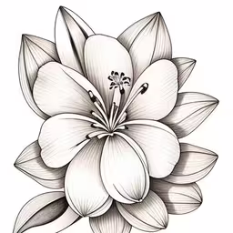 a white lily flower with lots of leaves,black and white drawing of a flower