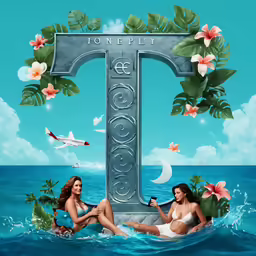 a poster featuring two women in bikinis on surfboards