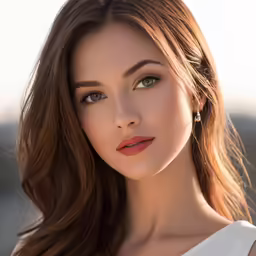 beautiful woman with long hair in white shirt posing for a portrait