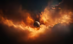 a plane flying through the clouds in an orange sky