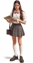 young girl in an scottish school uniform holding a small wooden model
