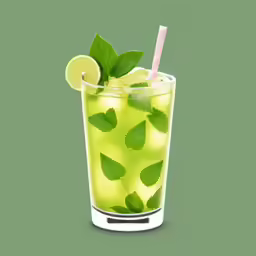 a drink with green leaves and lemon in a glass