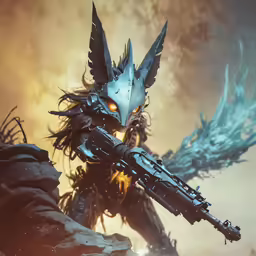 the robot demon with a rifle, on top of a hill