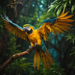 colorful parrot with full wing spread perched on branch in tree