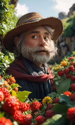 a man in a straw hat and scarf among flowers