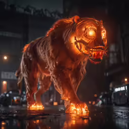 a glowing tiger in the middle of a street