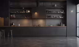 an industrial looking kitchen with grey wall and lighting