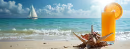 the orange drink is sitting next to the bottle on the sand