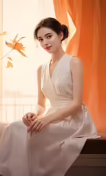 a young woman sitting in front of a window