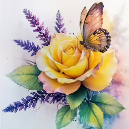 a white and brown butterfly resting on a yellow rose with purple leaves