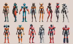 a group of robot like people with different facial expressions