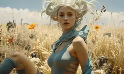 an attractive blonde woman is standing in a field