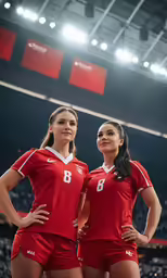 two woman in red uniforms posing in front of a stadium