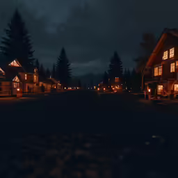 a dimly lit street at night with lots of dark buildings