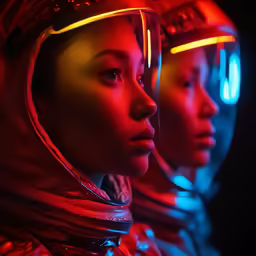 three models wearing red, blue, and pink lighting