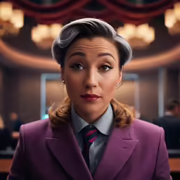 a woman in a dress with a tie is looking back at the camera