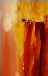 a fly flying over a rock outcropping with yellow paint