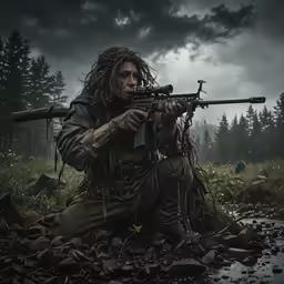 a soldier with a rifle crouches against the ground in the woods