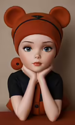 a doll with a teddy bear hat on and hands under her chin