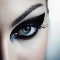 the woman has large lashes and a black eyeliner
