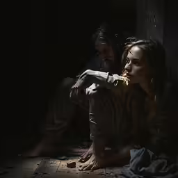 a young man and woman are sitting on the floor