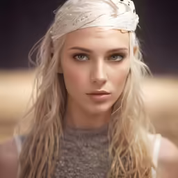a woman wearing white hair and a scarf