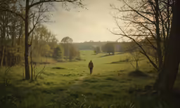a man walking through an empty field near many trees