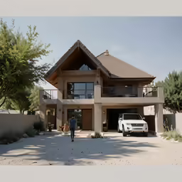 a car is parked outside of a very large house