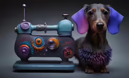 a dog standing next to a sewing machine with a design on it