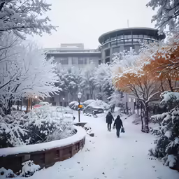 a man and woman walk through the snow in a snowy park