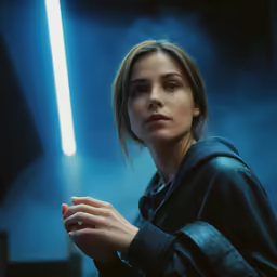 a woman holding a light saber with the end of a sword in the background