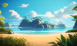 a digital painting of a beach with palm trees