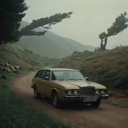 the car is driving down the dirt road