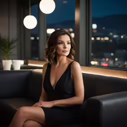 a woman is sitting on a sofa looking at the camera