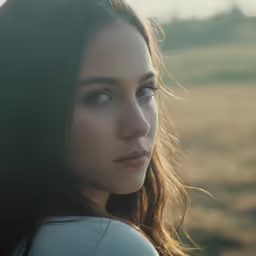 a beautiful young woman is looking ahead with grass in the background
