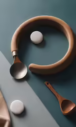 wooden spoons and a small white circle on a blue surface