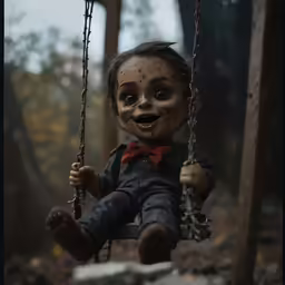 a creepy doll swings on the swing in the woods