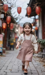 a little girl walks down the sidewalk with an arm