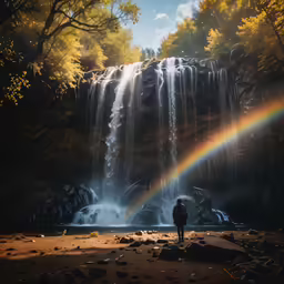 person with a umbrella standing next to a waterfall