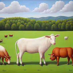 cows in a field with some trees and mountains,an oil painting of sheep grazing in the grass