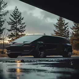 a black car parked in front of some trees