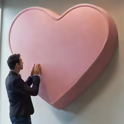 man with hands on wall shaped like a heart