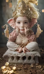 a baby wearing a gold crown and holding her hand up to her face