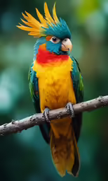 a bird with a green and yellow head sits on a tree branch