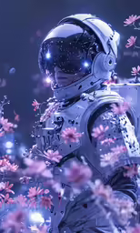 an astronaut standing amongst the flowers in front of him
