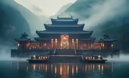 a building next to water surrounded by fog