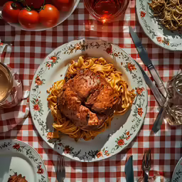 a plate full of pasta on top of a red and white tablecloth