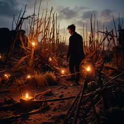 man standing next to burned reed at night