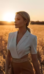 a blonde woman standing in a field at sunset