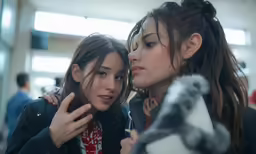 two girls are standing next to each other